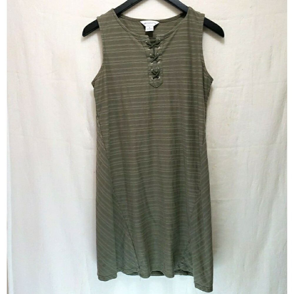Liz Claiborne Women's Size Small Green Striped Lace Up Sleeveless Dress Olive